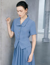 Dusty Blue Collared Button Down Peplum Short Sleeve Top