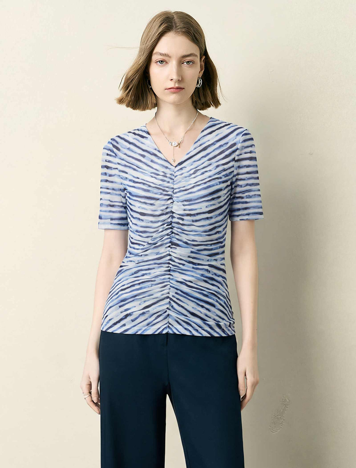 Striped Ruched Short‑Sleeve Top