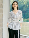 Polka Dot Tencel Linen Belted Blouse