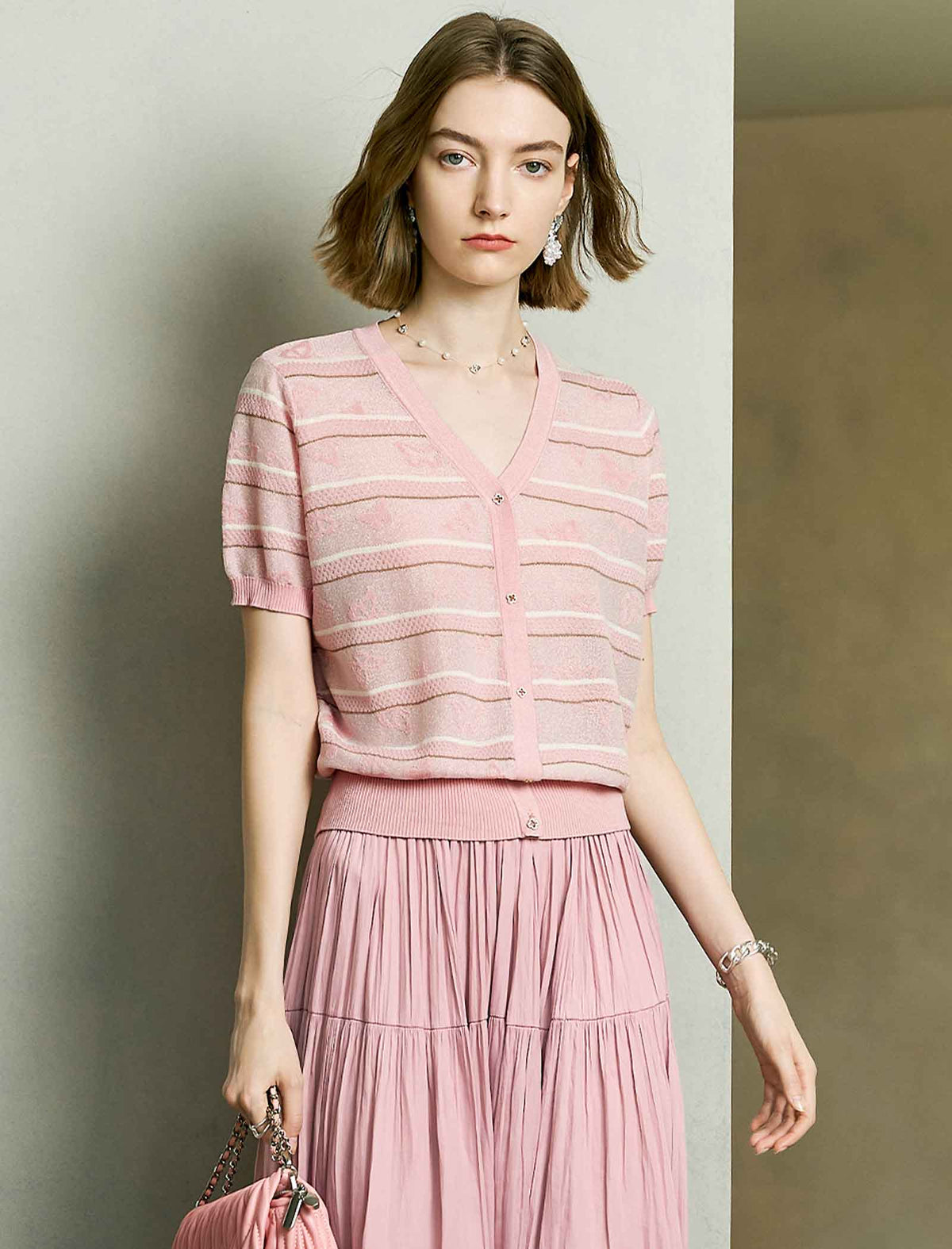 Striped Butterfly Embroidery V-Neck Tencel Blend Knit Cardigan Top