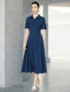 Navy Blue Linen Blend Belted Shirt Midi Dress