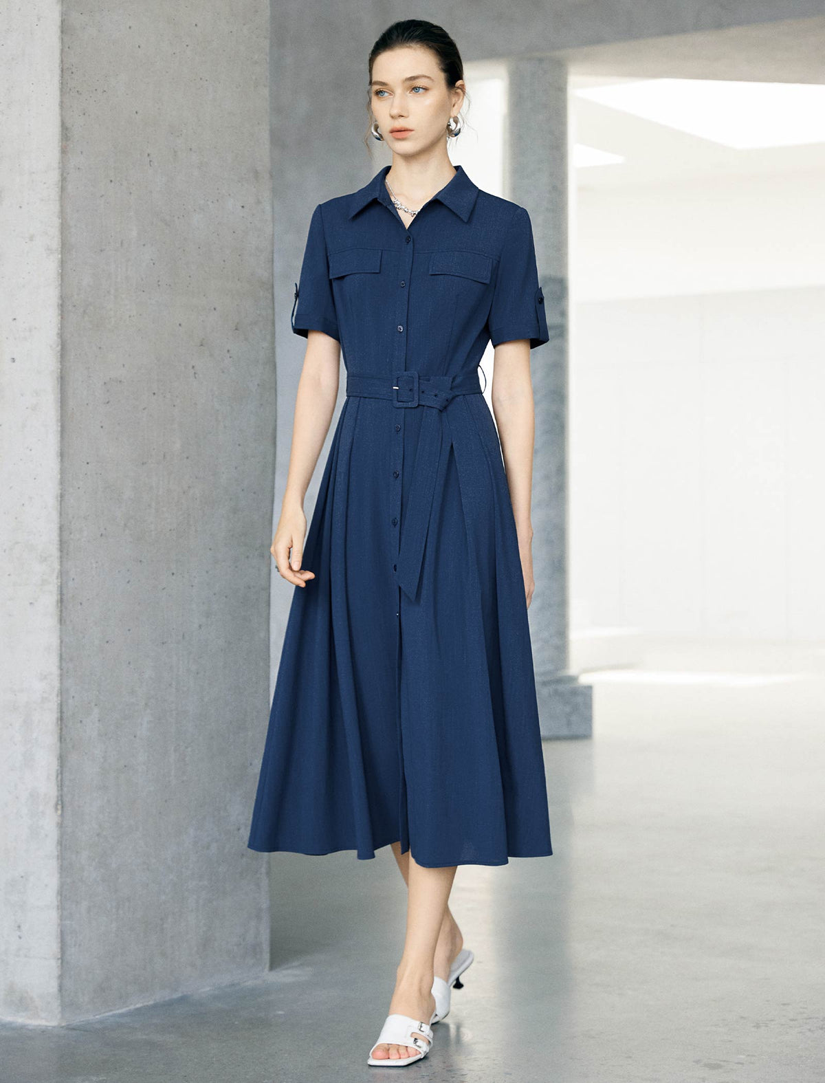 Navy Blue Linen Blend Belted Shirt Midi Dress