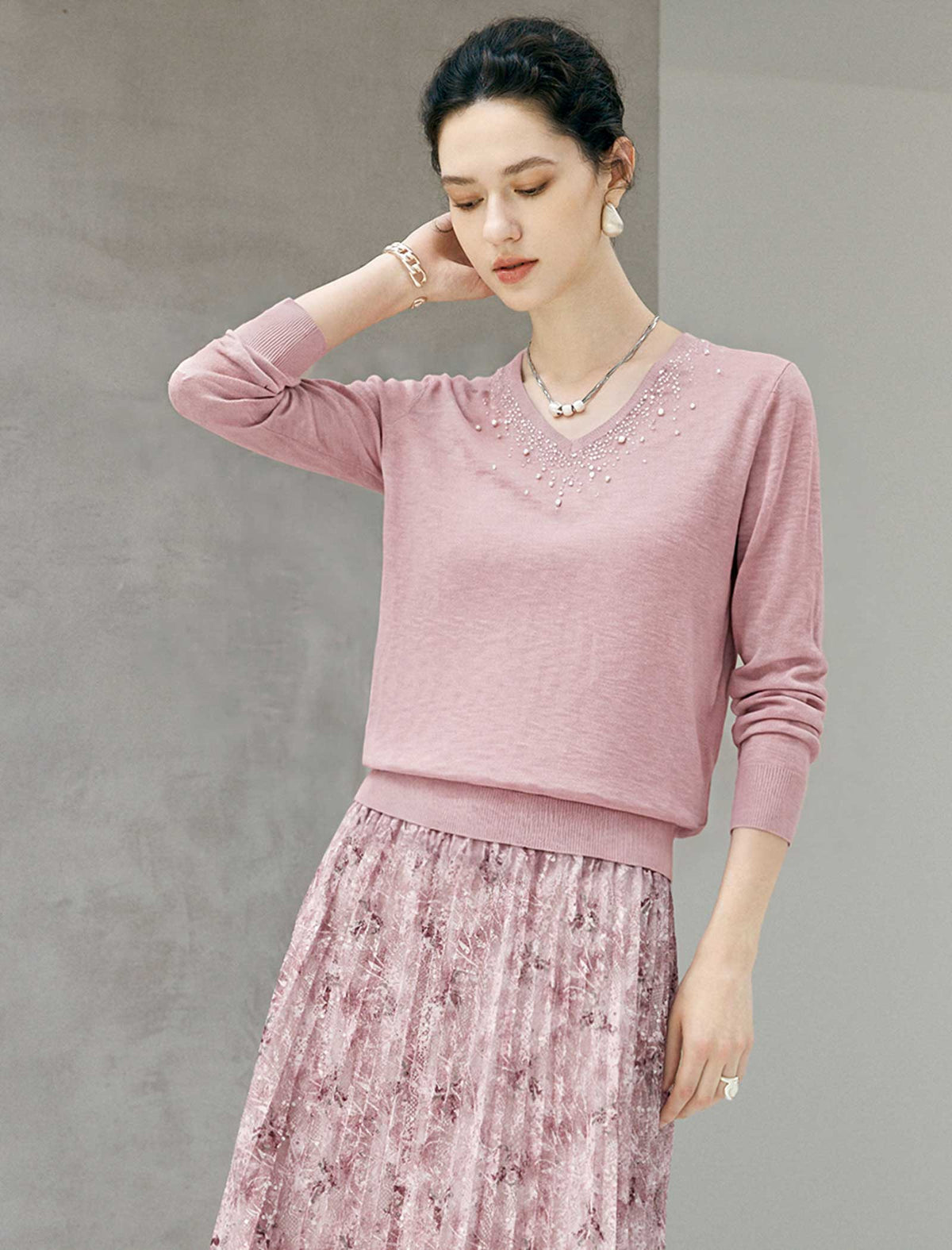 Wool Blend Round Neck Long Sleeve Sweater