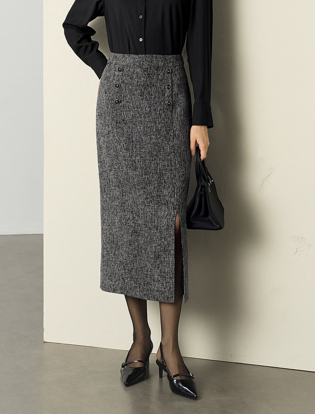 Textured Side-Slit H-Line Midi Skirt