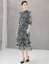 Abstract Print Belted Long Sleeve Midi Dress