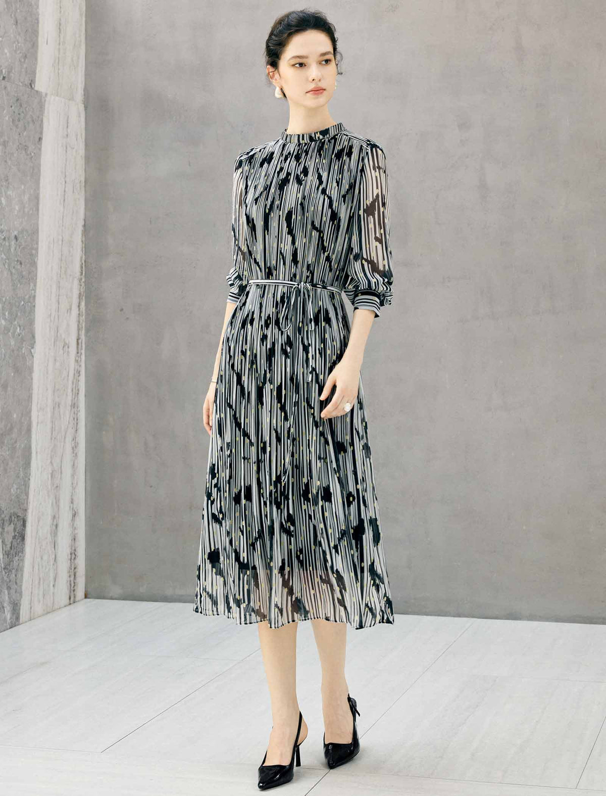 Abstract Print Belted Long Sleeve Midi Dress