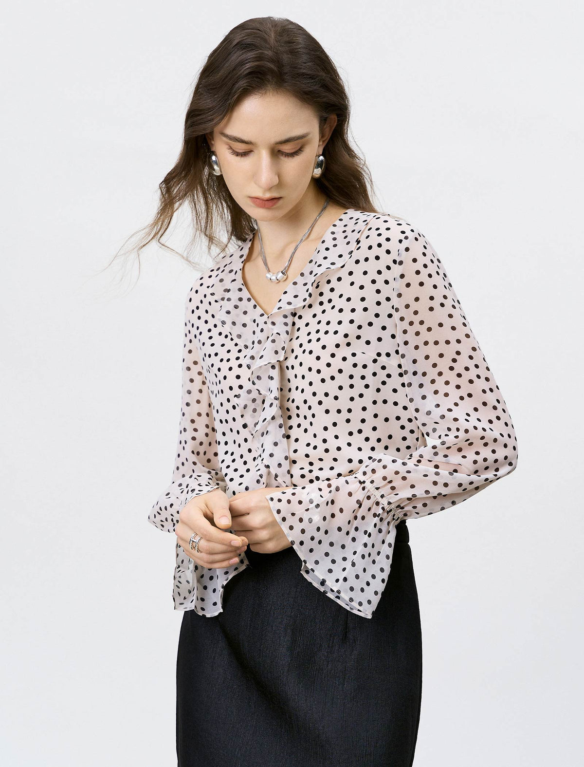 Black Polka Dot Ruffled Chiffon Blouse