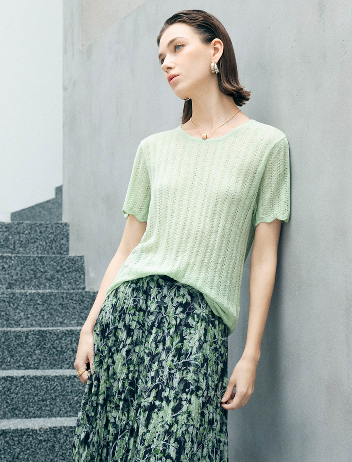 Mint Green Open Knit Scallop Short Sleeve Knit Top