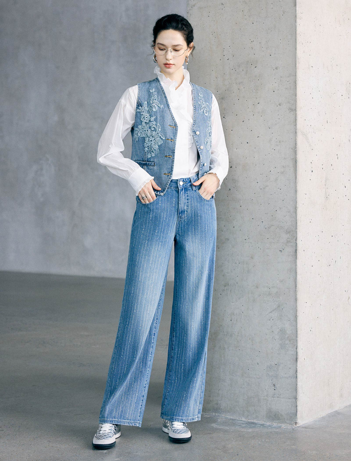 High‑Rise Rhinestone Striped Wide‑Leg Jeans