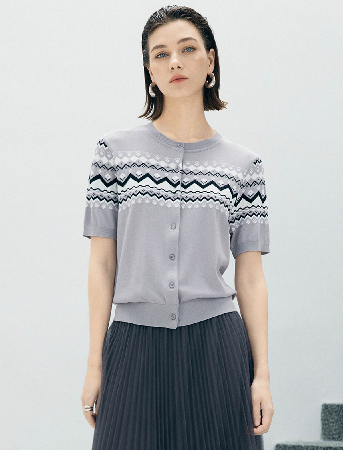 Fair Isle Pattern Short Sleeve Knit Cardigan