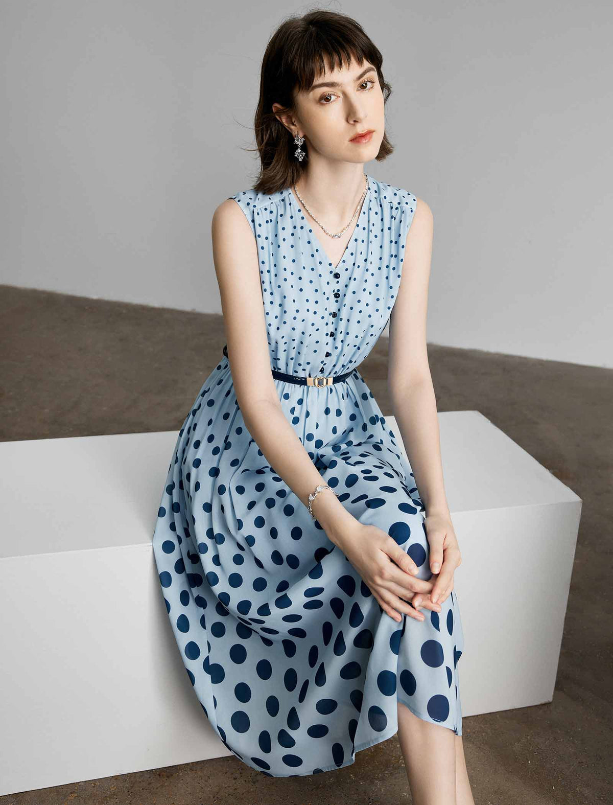 Blue Polka Dot Sleeveless Midi Dress