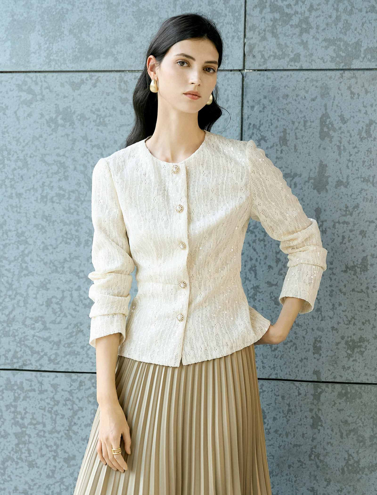 Ivory Sequin Lace Cropped Jacket