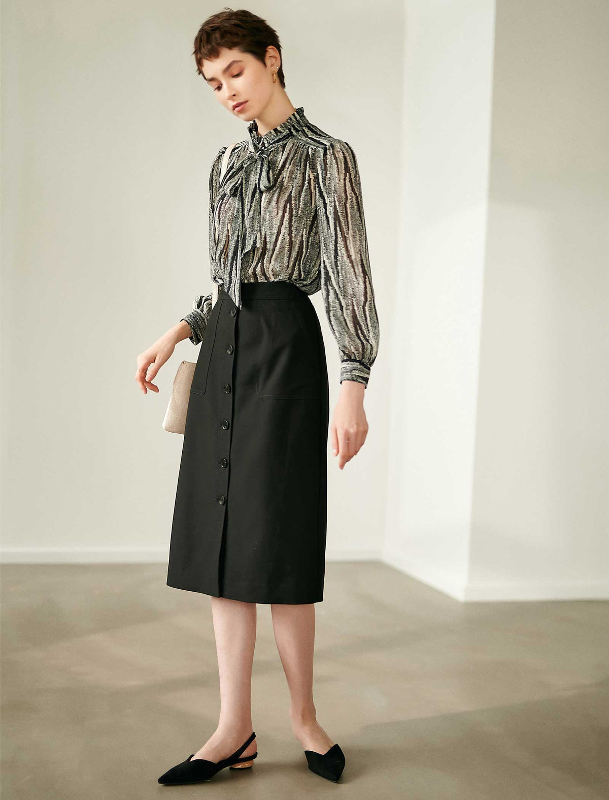 Black Button-Front Midi Pencil Skirt