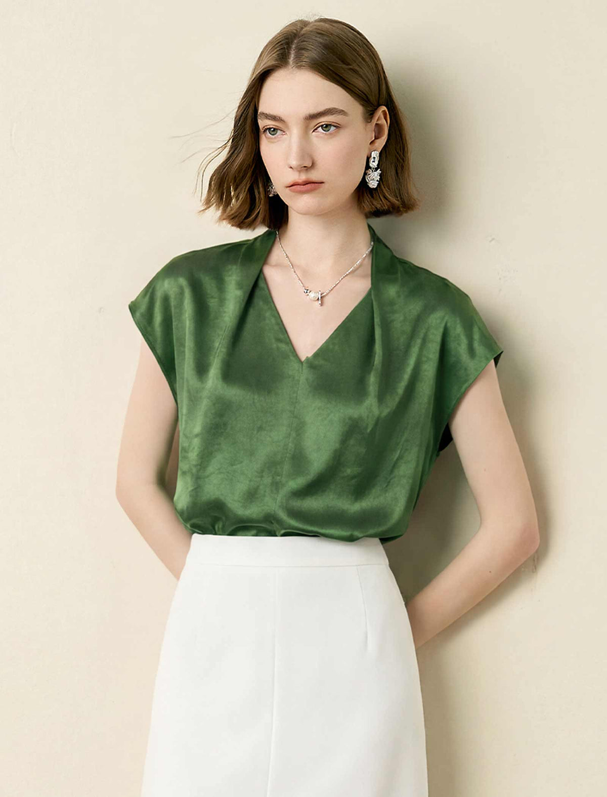 Acetate Satin V-Neck Cap Sleeve Blouse
