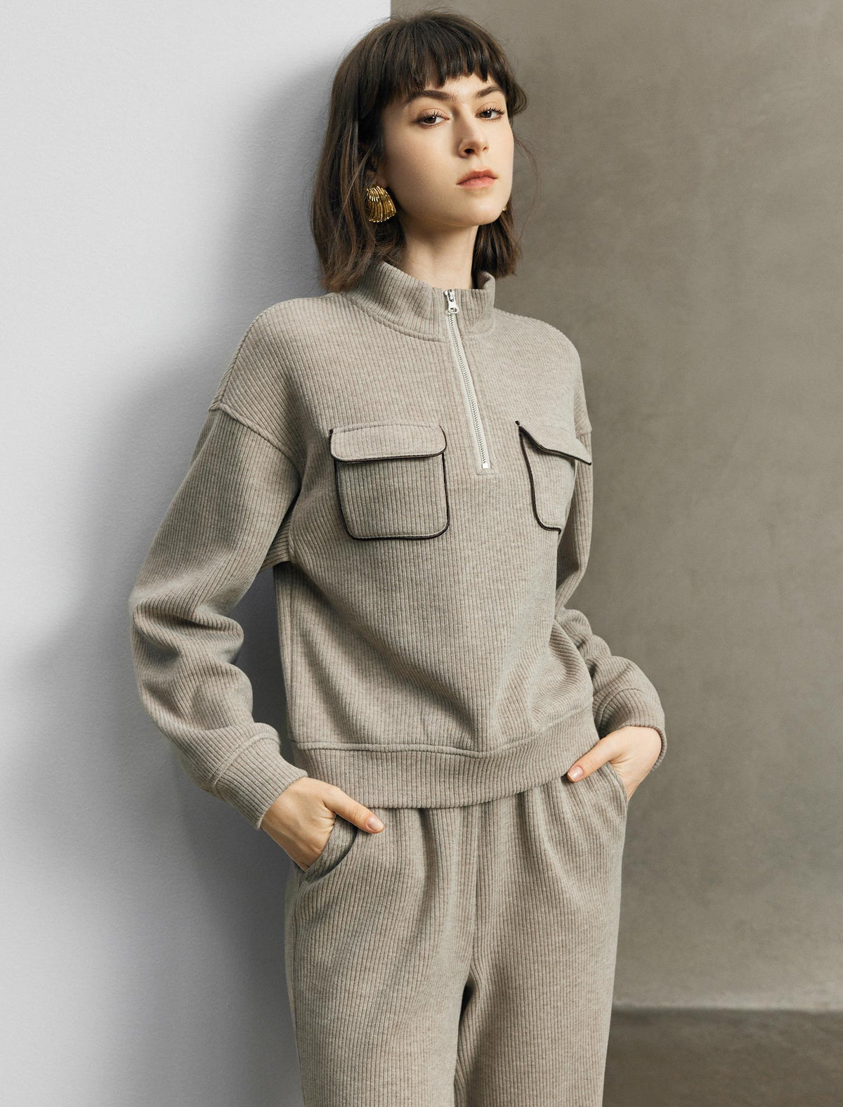 Stand-Collar Drop-Shoulder Half-Zip Relaxed Top