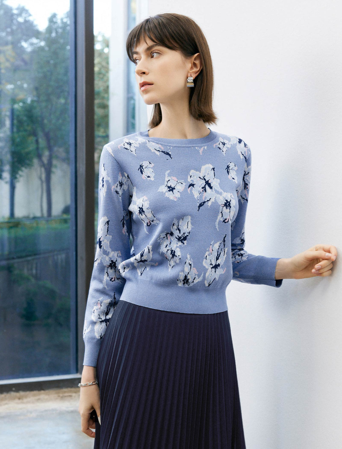 Floral Print Crew Neck Long Sleeve Knit Sweater