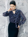 Floral Ruffle V Neck Tie Chiffon Blouse
