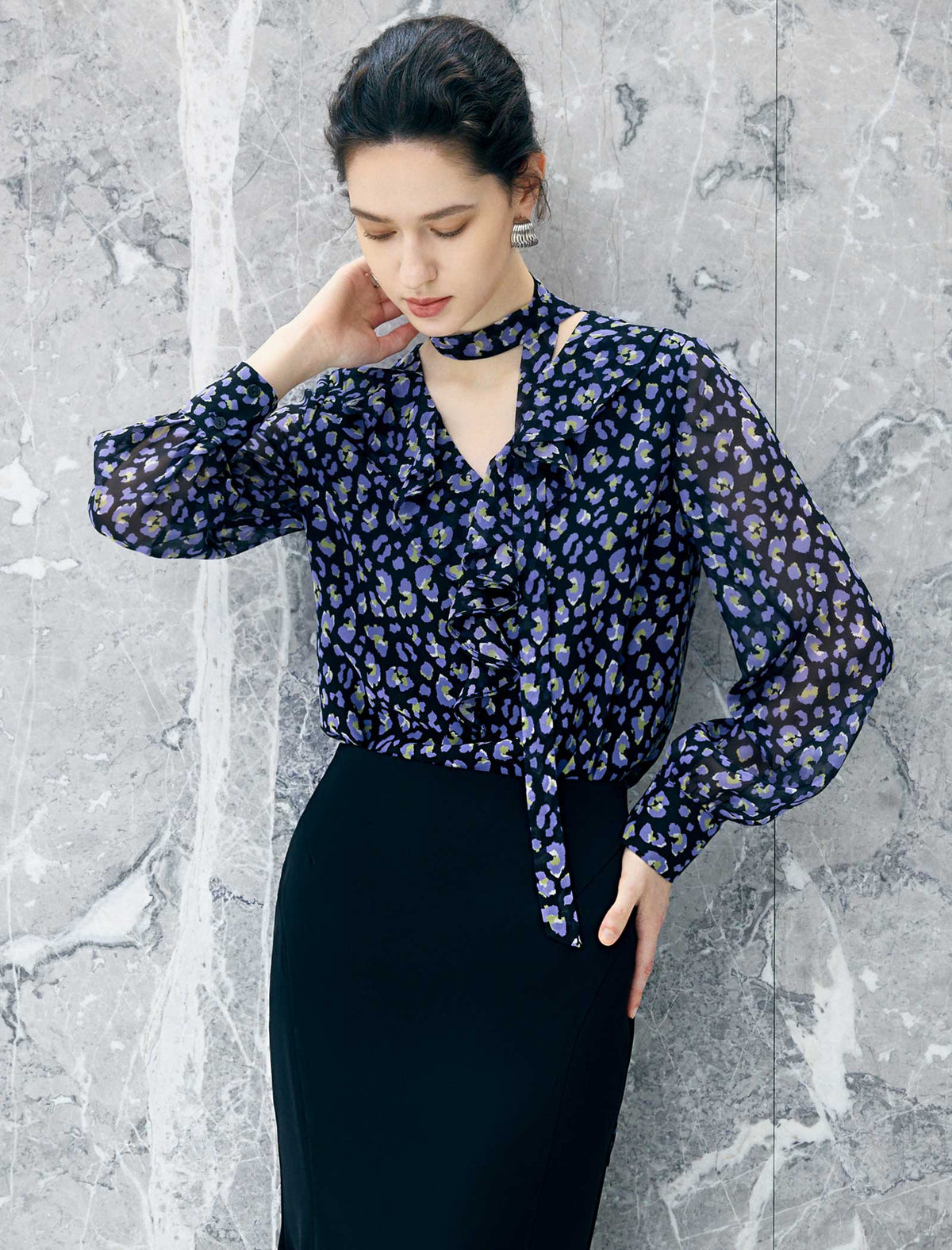 Floral Ruffle V Neck Tie Chiffon Blouse