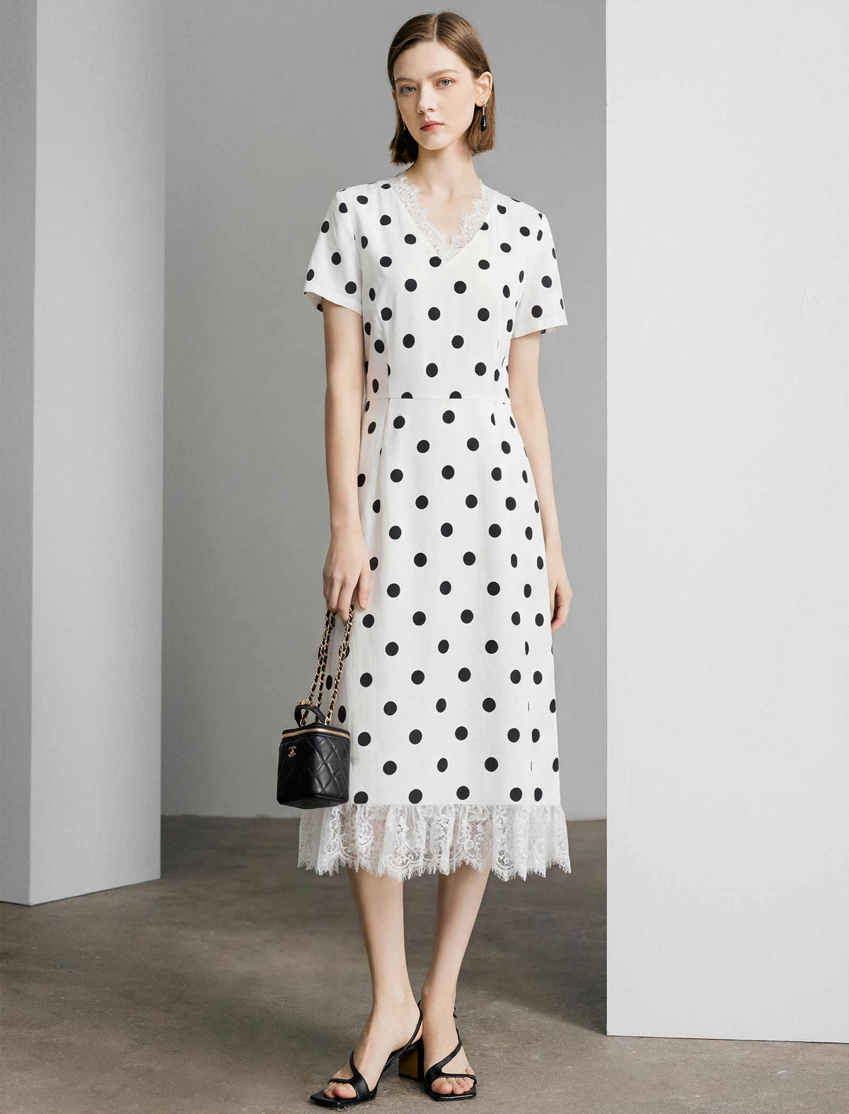Tencel Polka Dot Lace V-Neck Short Sleeve Midi Dress