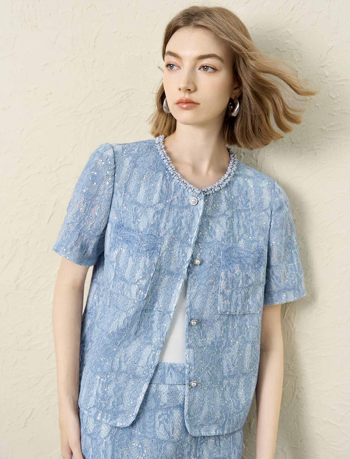Pearl Trim Short Sleeve Lace Jacket Top