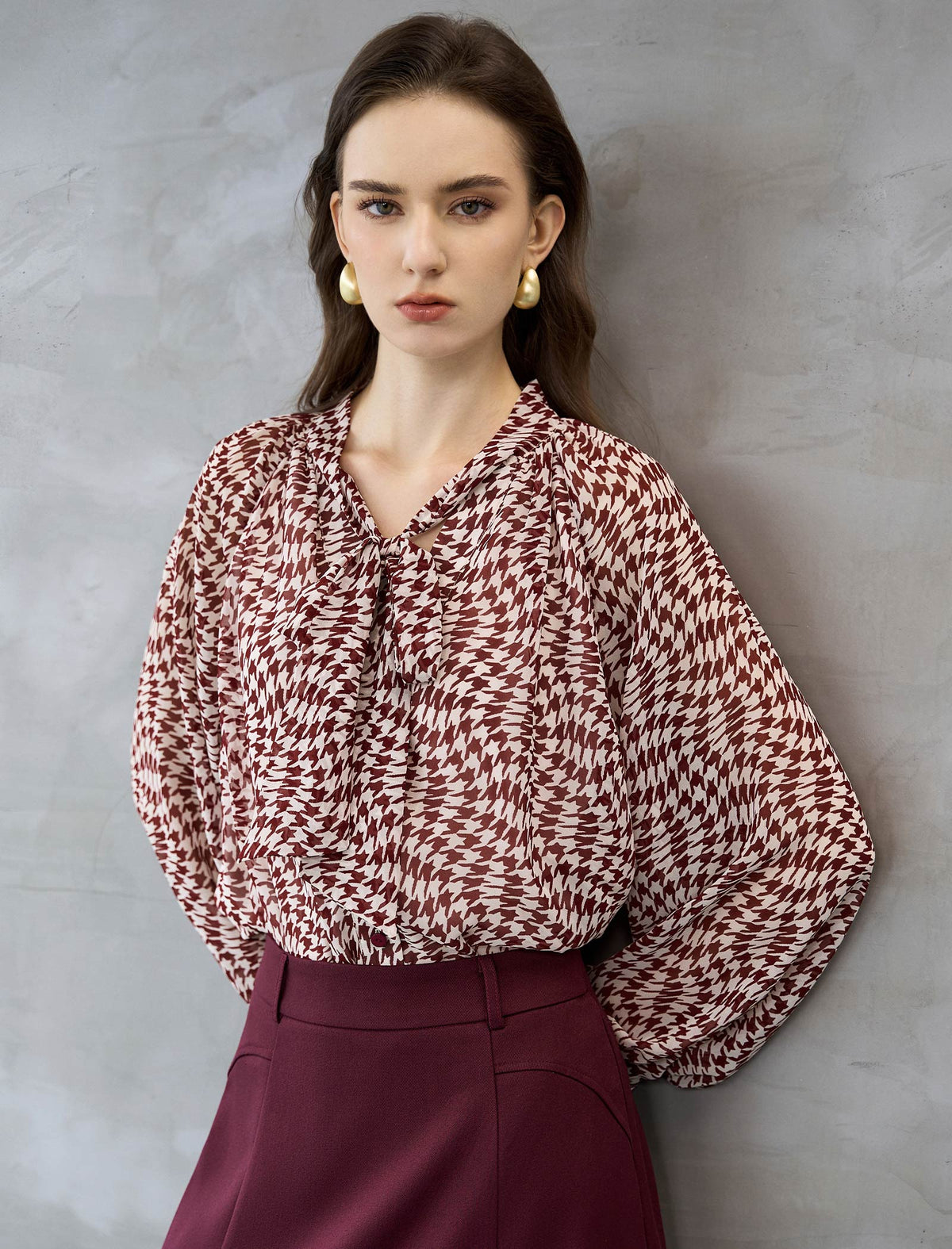 Houndstooth Tie-Neck Blouse
