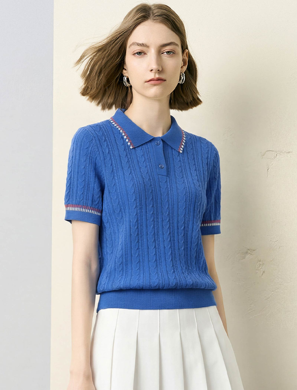 Bright Blue Cable Knit Short Sleeve Polo Top