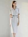 V-Neck Polka Dot Waist-Cinched Fitted Dress
