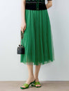 Green Pleated Mesh A-Line Midi Skirt