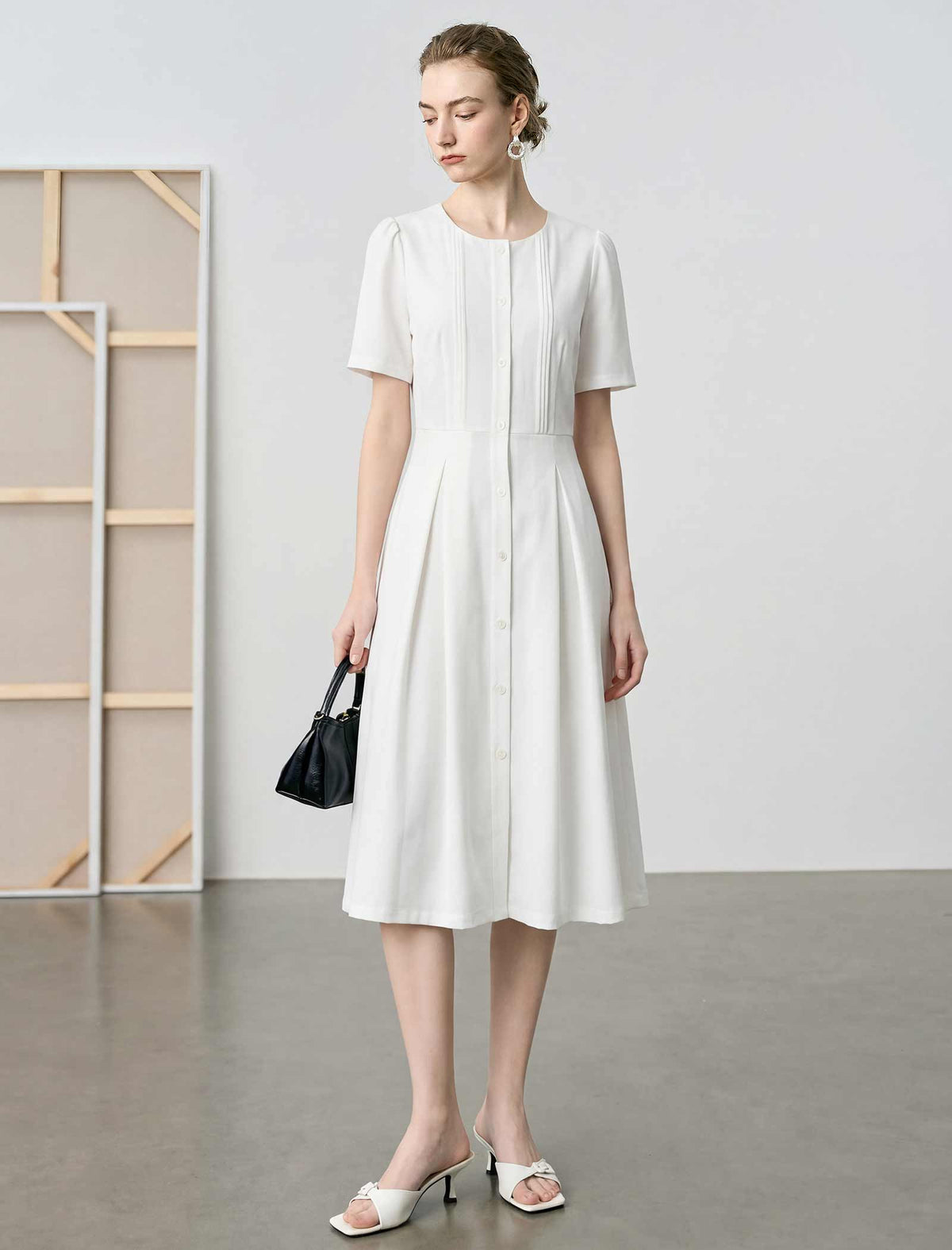 Round Neck Puff Sleeve Midi Shirt Dress