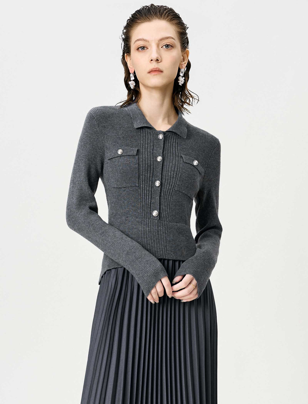 Wool-Blend Knit And Pleated Midi Dress