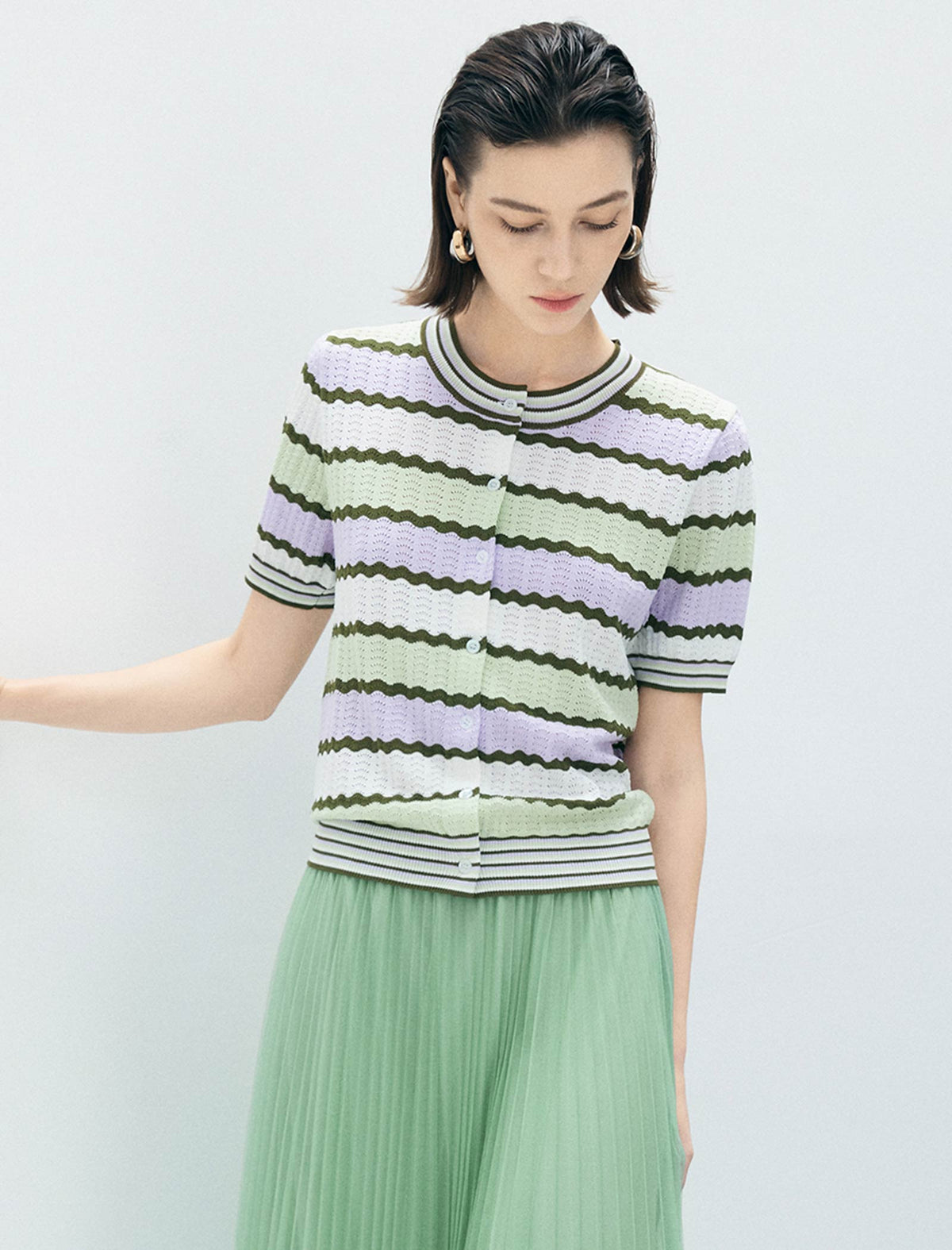 Pastel Striped Short-Sleeve Knit Cardigan