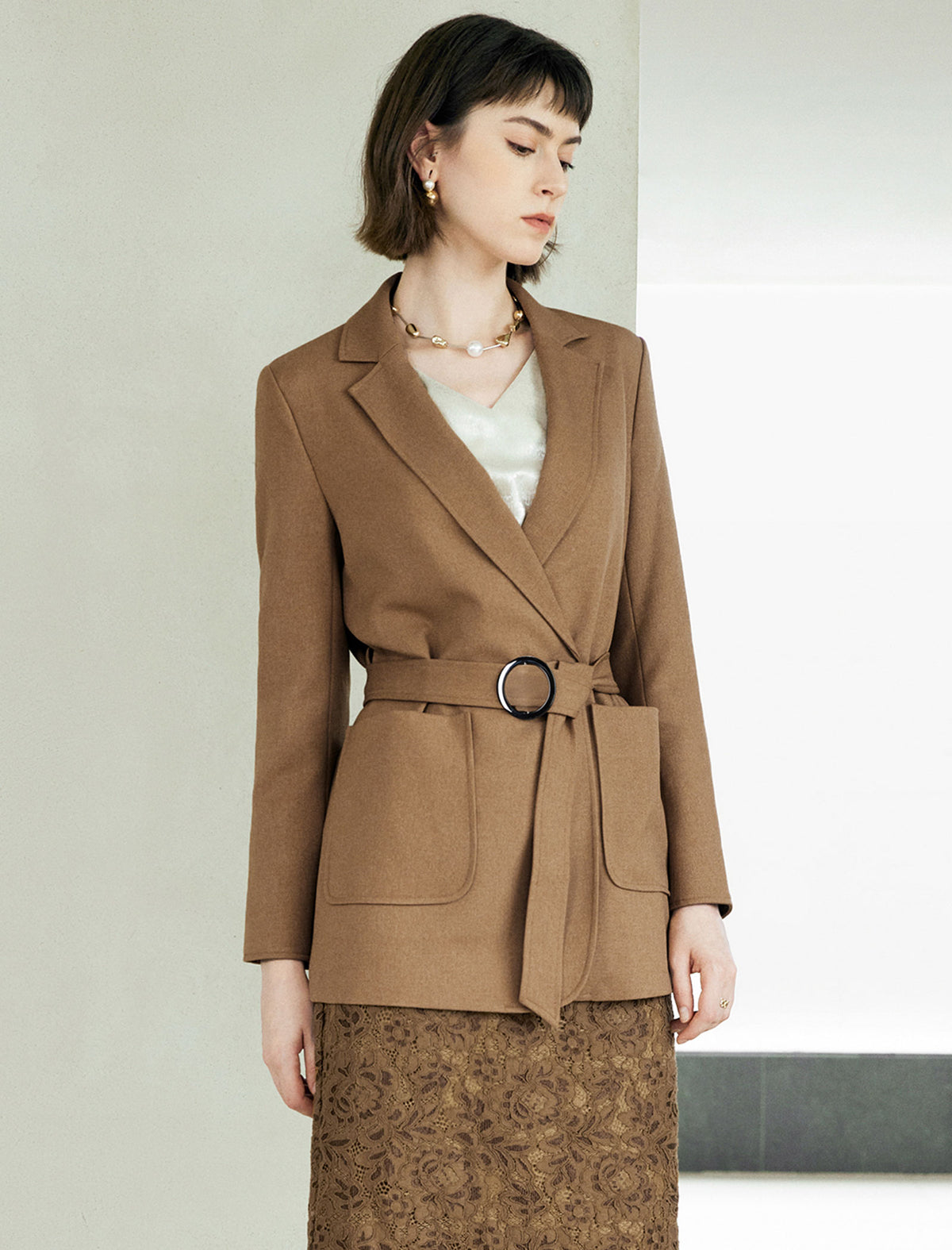 Camel Belted Notched-Lapel Blazer
