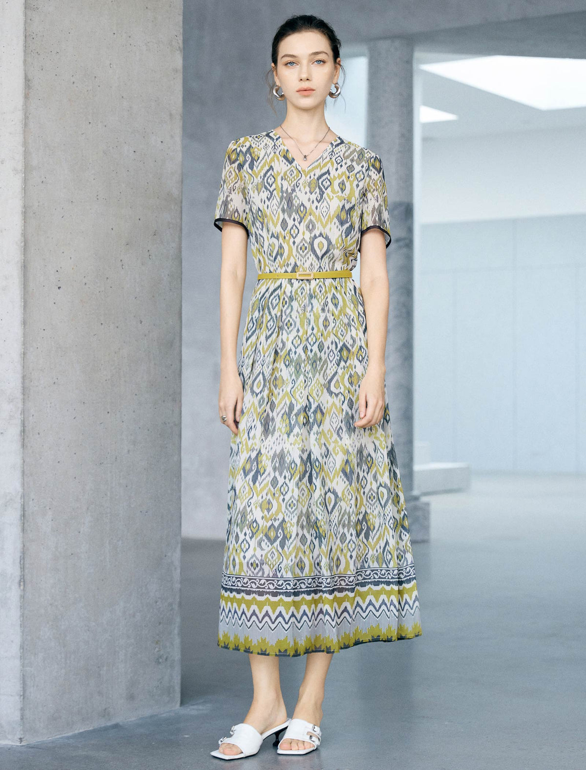 Ikat Geo Print Belted Tencel Blend Midi Dress