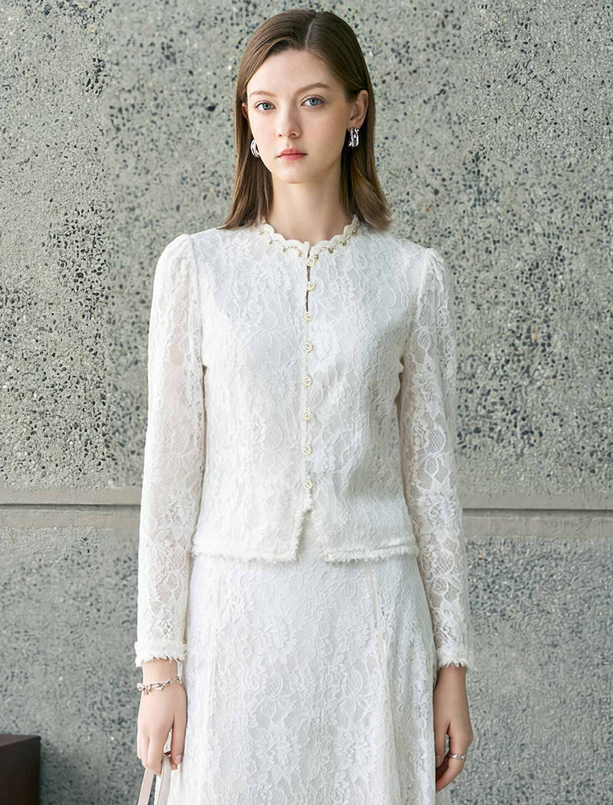 Beaded‑Trim Lace Long‑Sleeve Top