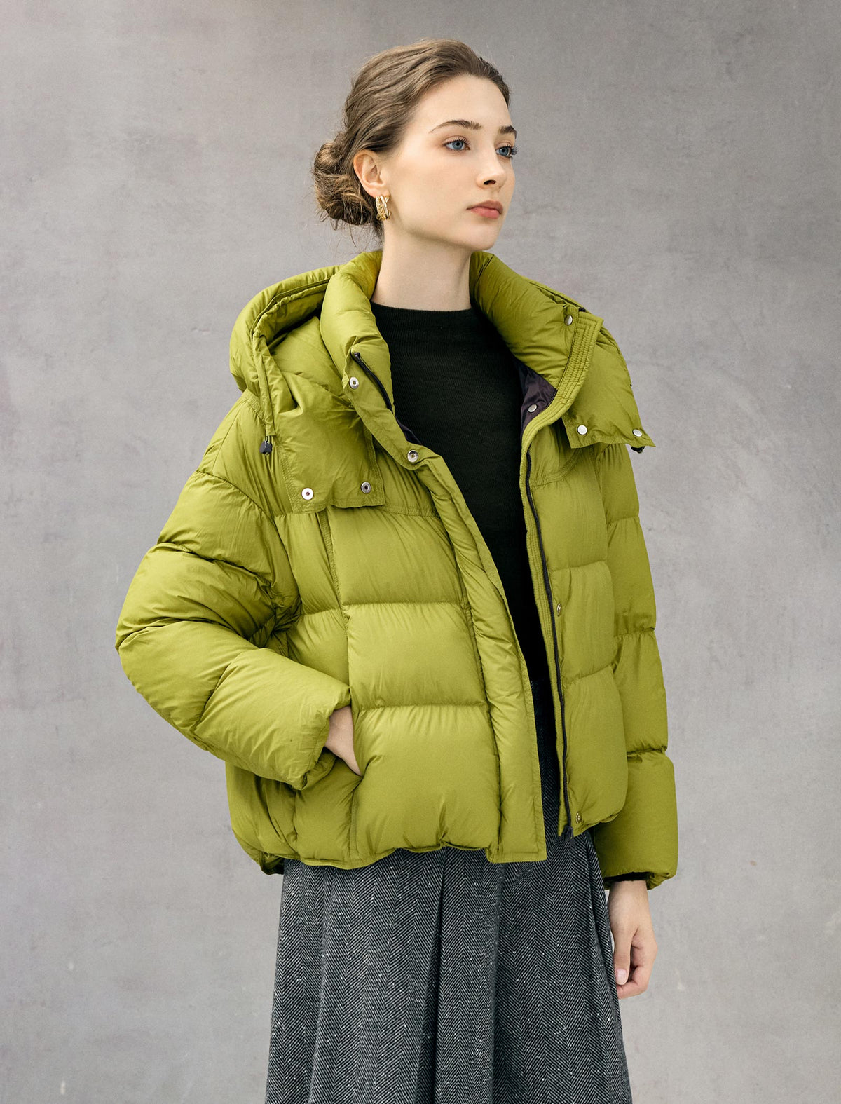 Hooded Drawstring Zip-Front Cropped Puffer Jacket