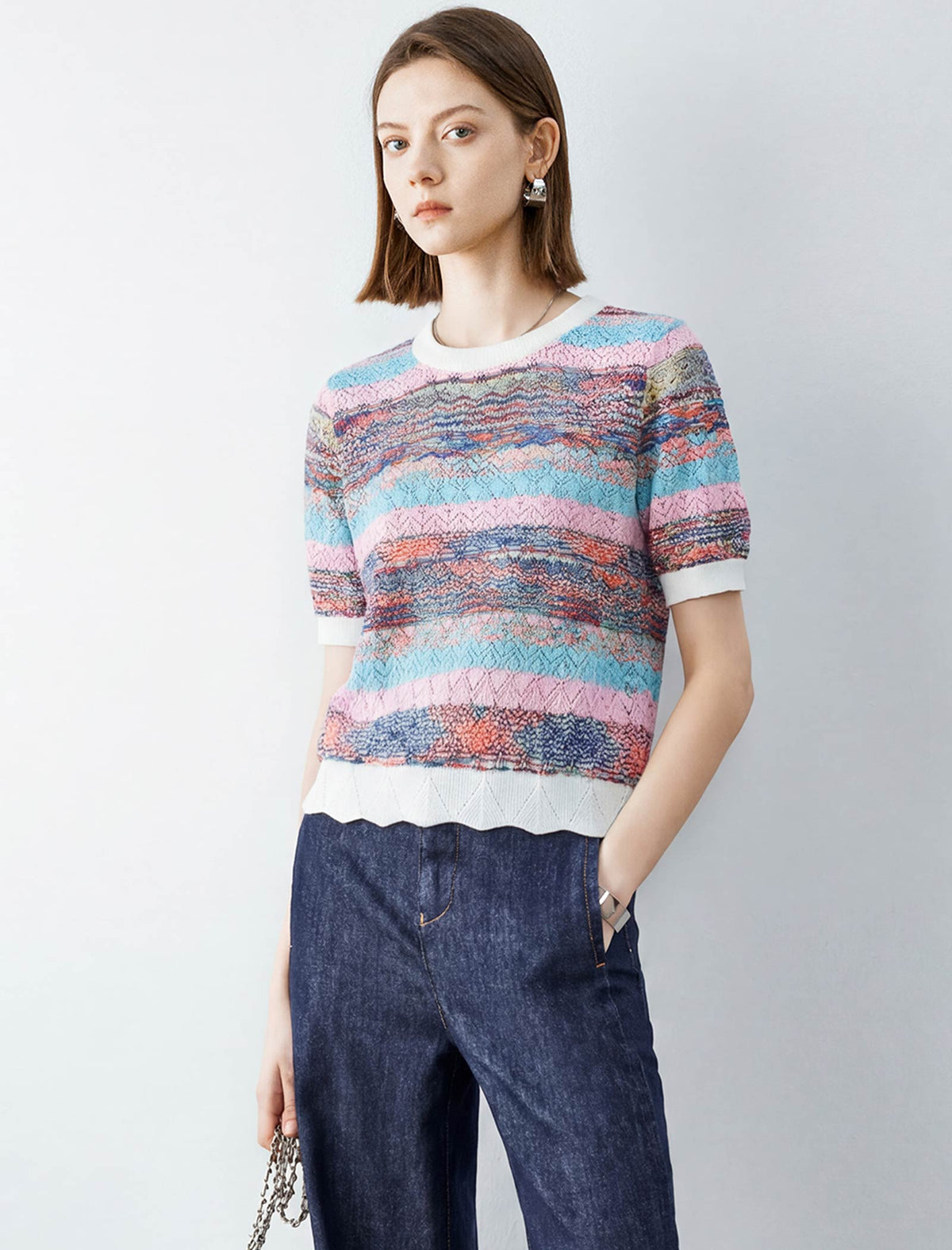 Multicolor Striped Short-Sleeve Knit Top