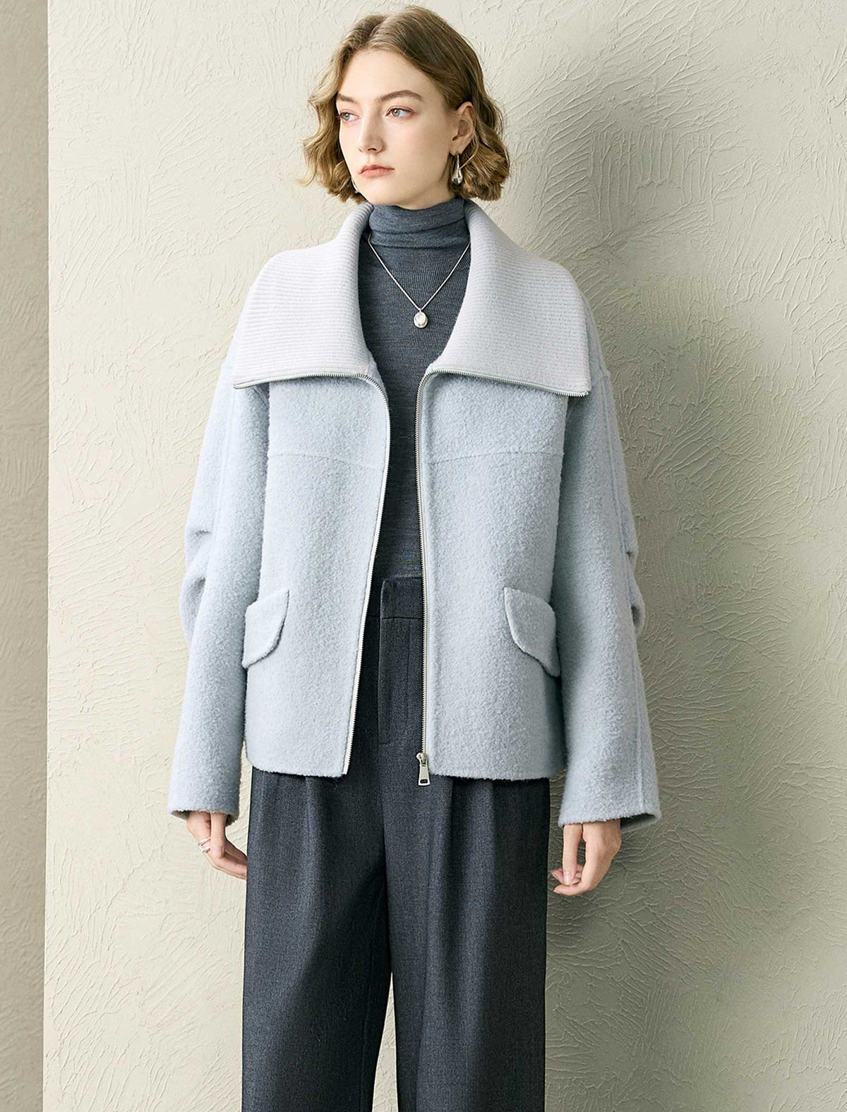 Wool-Alpaca Blend Zip Front Cropped Jacket