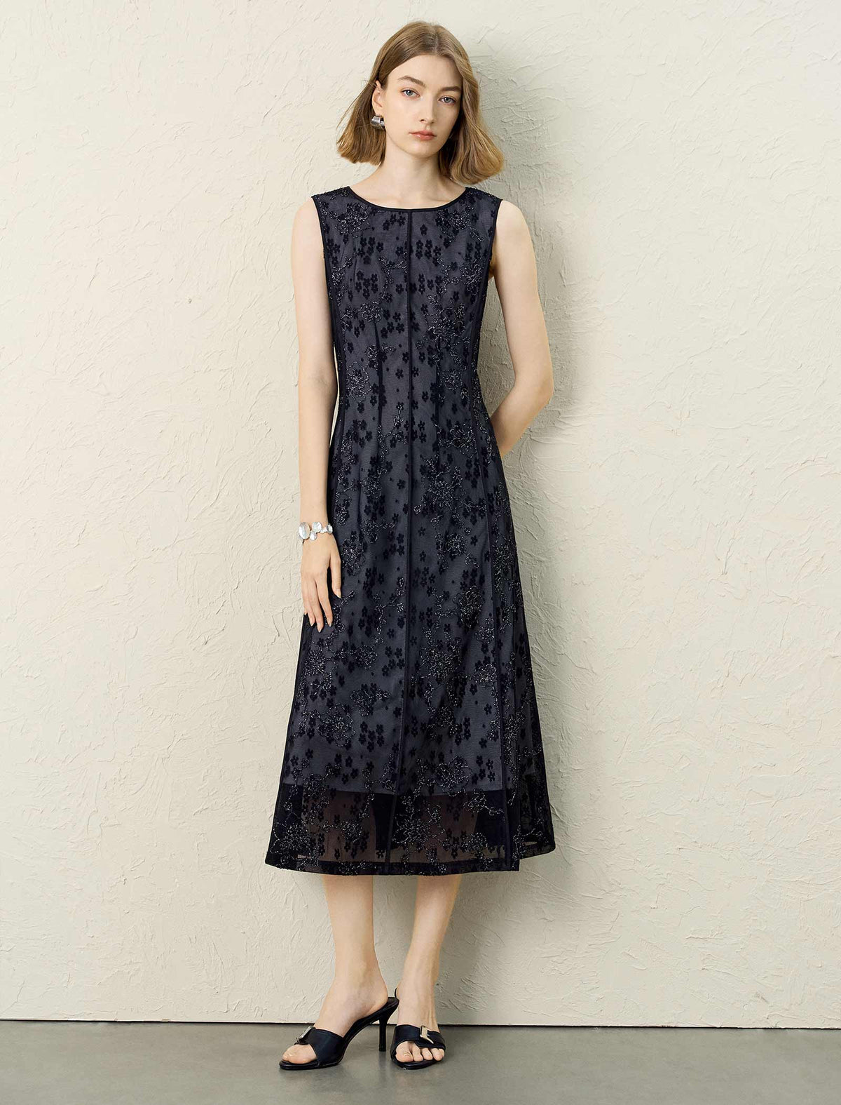 Black Floral Embroidered Mesh Midi Dress