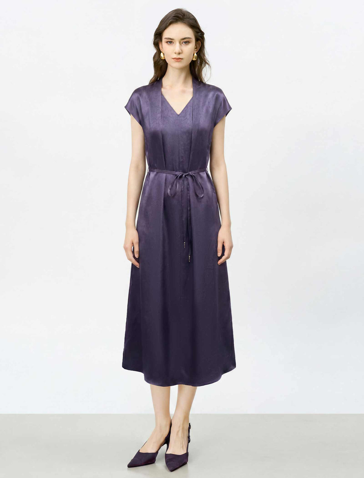 Acetate Satin V-Neck Belted Midi Dress