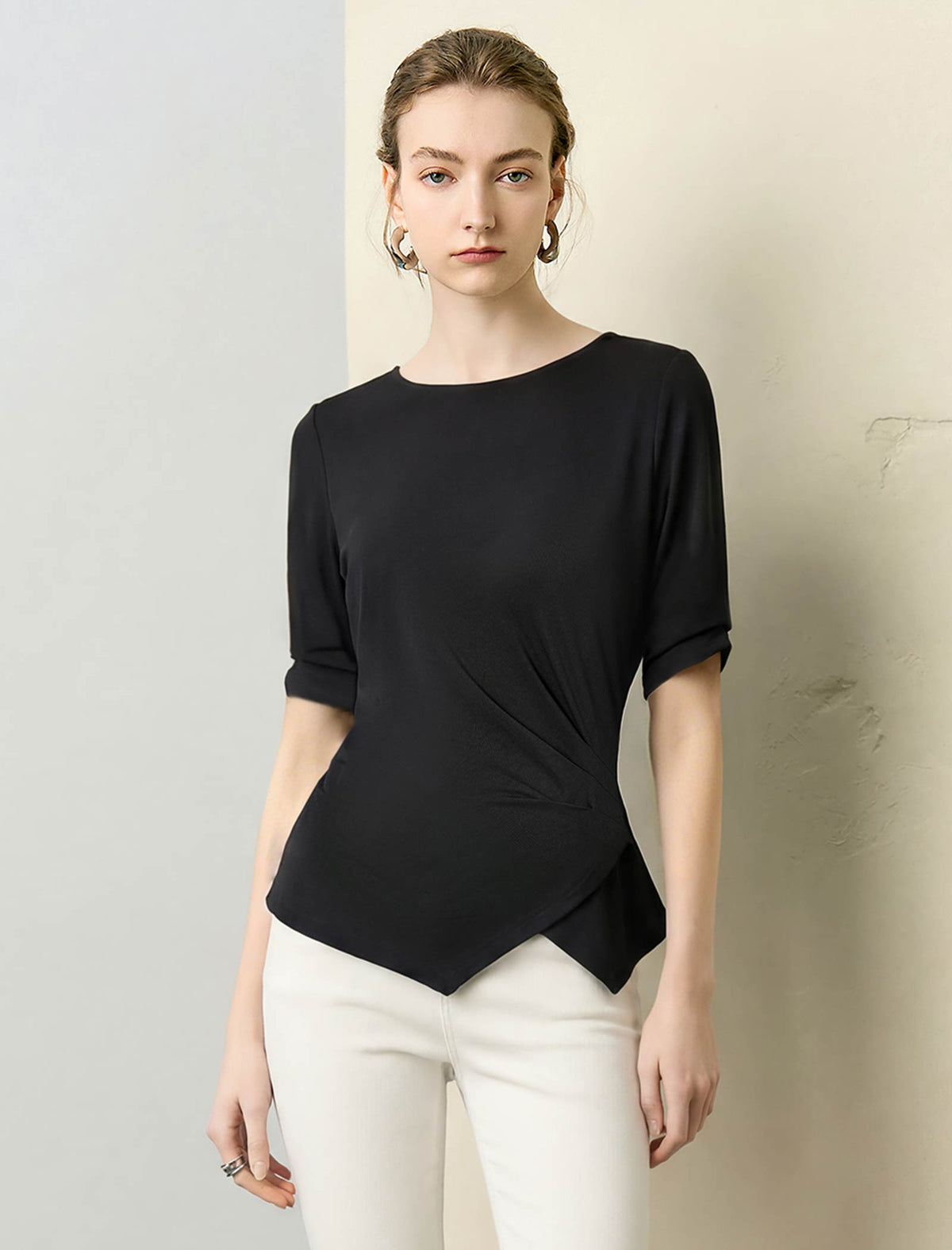 Boat Neck Ruched Sleeve Asymmetrical Top