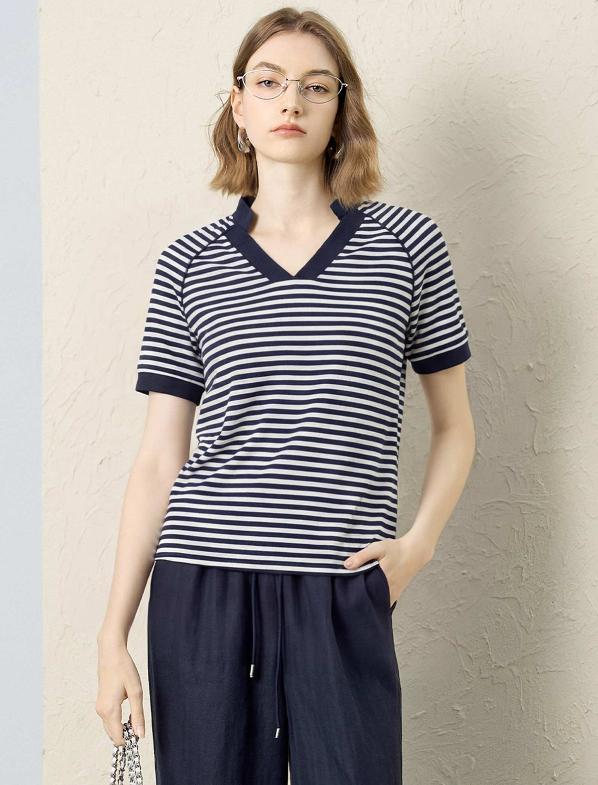 Navy White Stripe Notched V-Neck Raglan Short Sleeve Tee