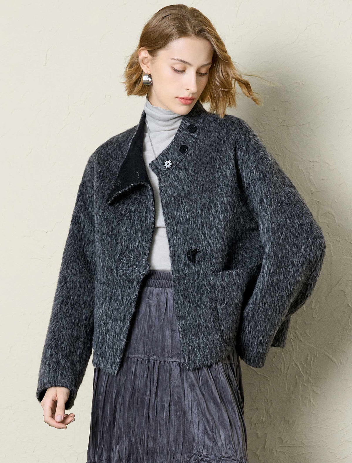 Wool-Alpaca Blend Fuzzy Cropped Jacket