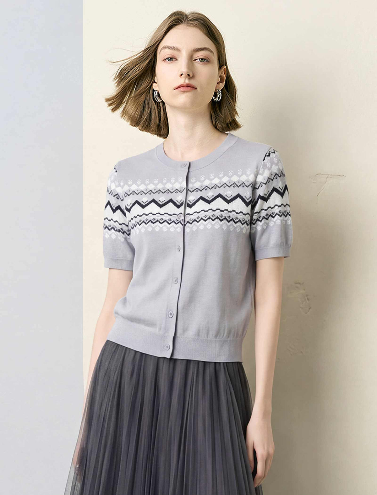 Fair Isle Pattern Short Sleeve Knit Cardigan