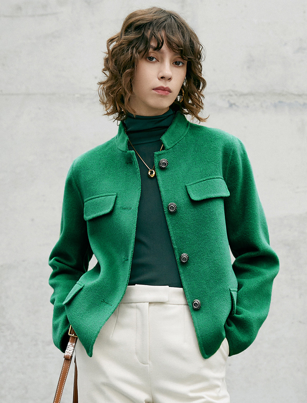 Wool Blend Button-Front Cropped Jacket