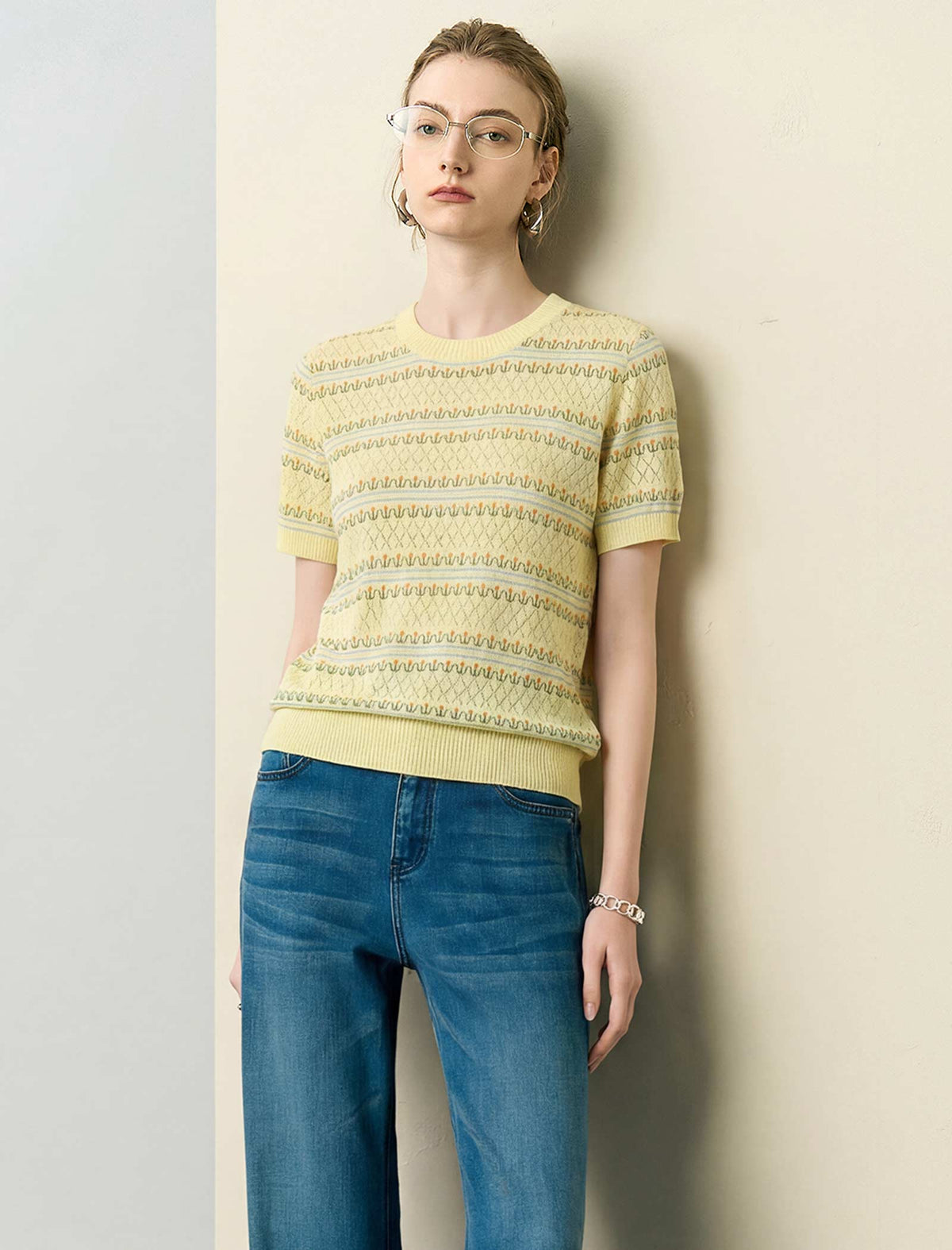 Short‑Sleeve Jacquard Knit Top