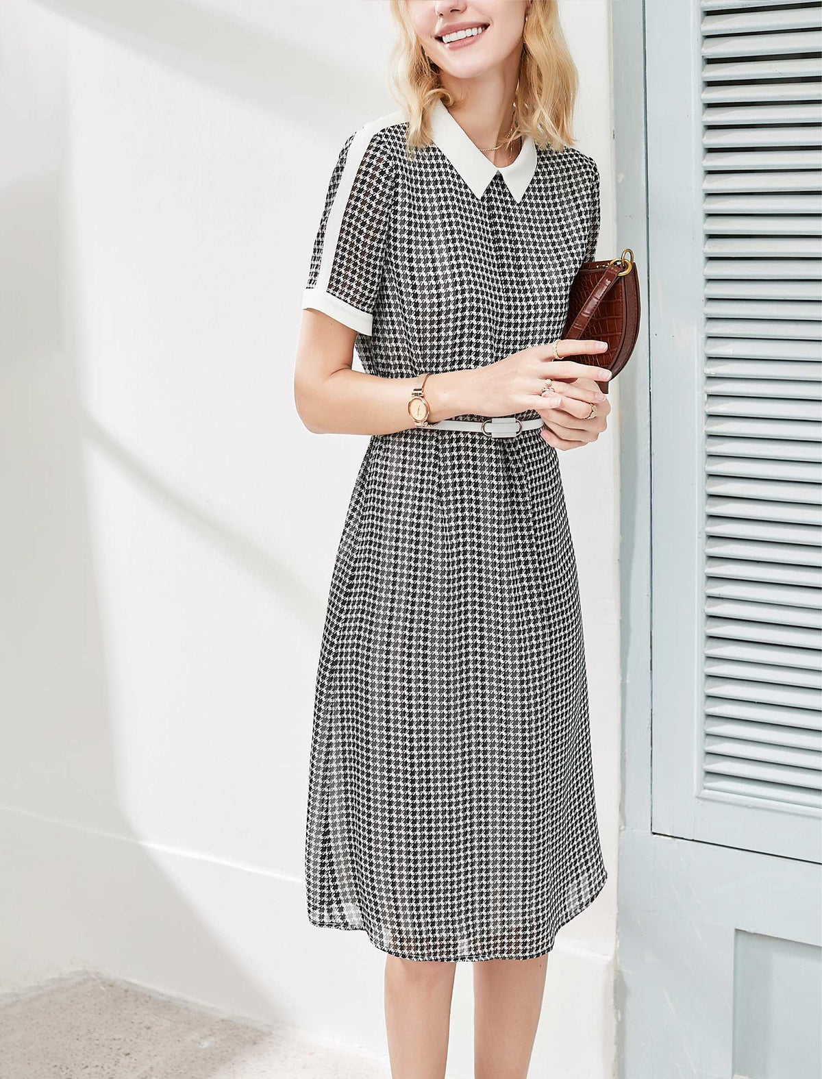 Houndstooth Chiffon Contrast Collar Midi Shirt Dress
