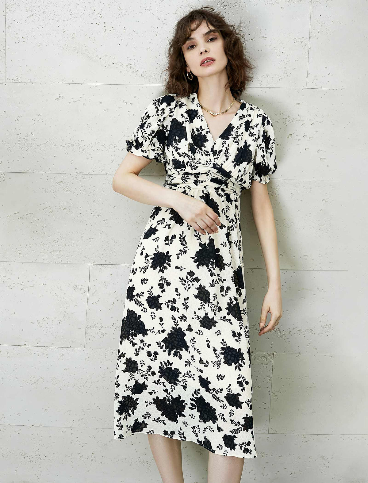 V-Neck Floral Waist-Cinched Dress