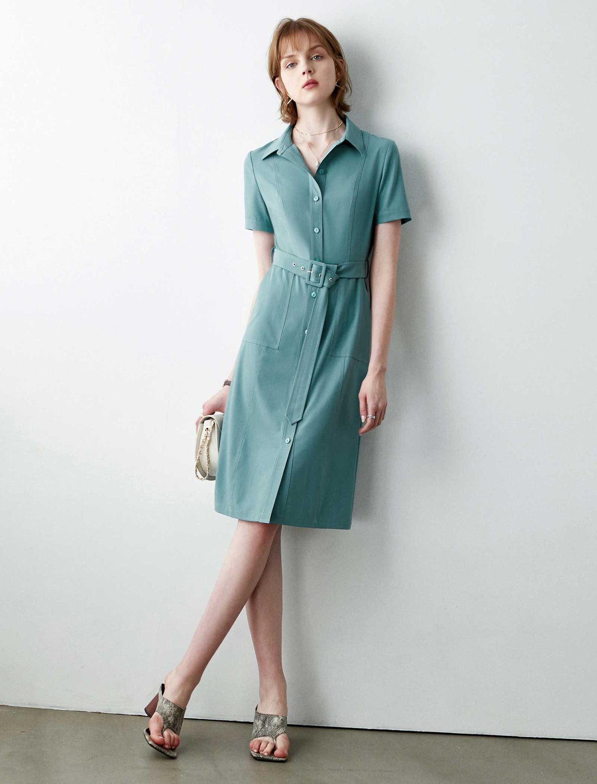 Teal Belted Shirt Midi Dress