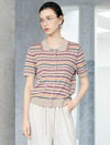 Vintage Striped Collared Short Sleeve Knit Cardigan Top