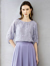 Lavender Floral Embroidery Puff Sleeve Sheer Blouse